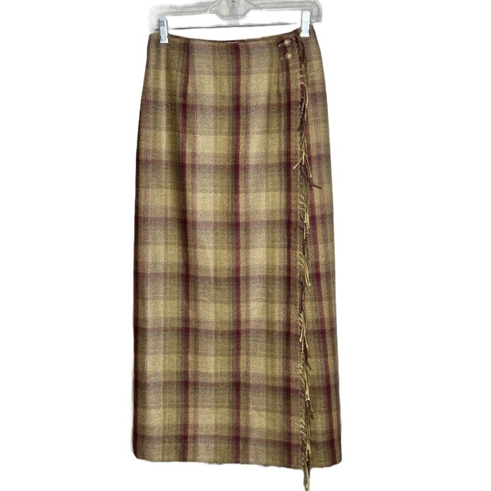 Vtg Talbots Womens Wrap Skirt Size 4 Tan Burgundy Plaid 100% Wool Fringe